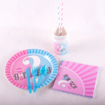 

112pcs Gender Reveal theme plates cups straws kids birthday party decorations Gender Reveal forks spoons knives for 16 people