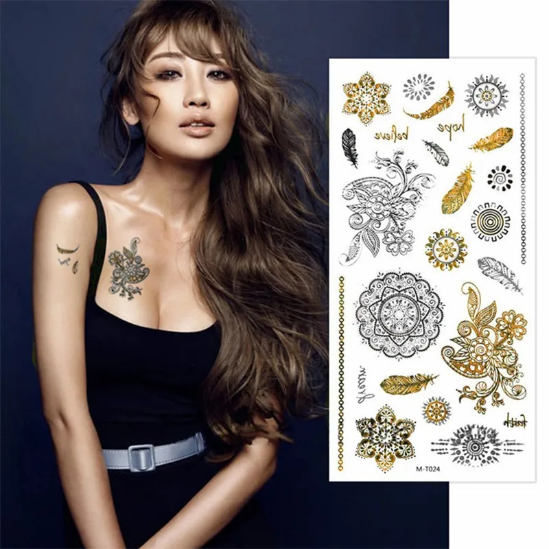 8 Sheets Flash Tattoo Gold Temporary Tattoos Glitter Stickers Sexy Products Paper For Women&Men Body Art tatuagem metalica (11)