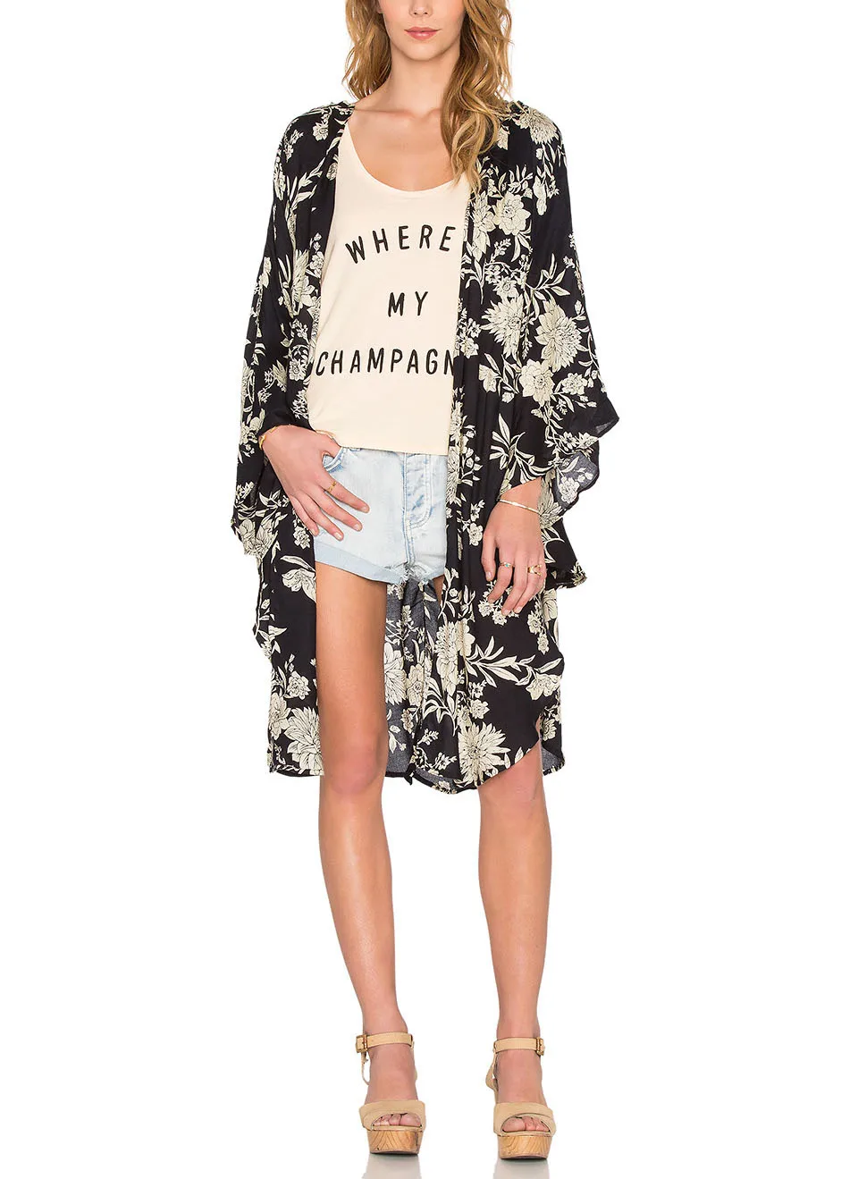 Verano estilo Mujer Long Kimono cardigan Vintage Chiffon Floral Kimonos Casual blusas camisa