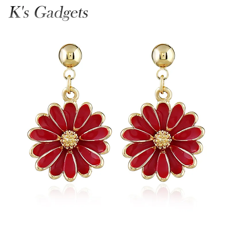 K'S Gadgets Korean Style Simple Red Chrysanthemum Enamel Stud Earrings Women Trendy Flower Jewelry Party Bijoux Femme | Украшения и