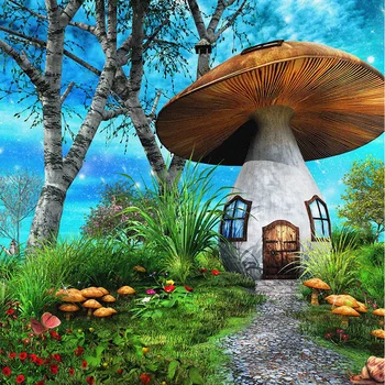 

Vinyl Mushroom House Photo Backdrop Fairytale Printed Trees Flowers Blue Starry Sky Kids Children Photography Backgrounds