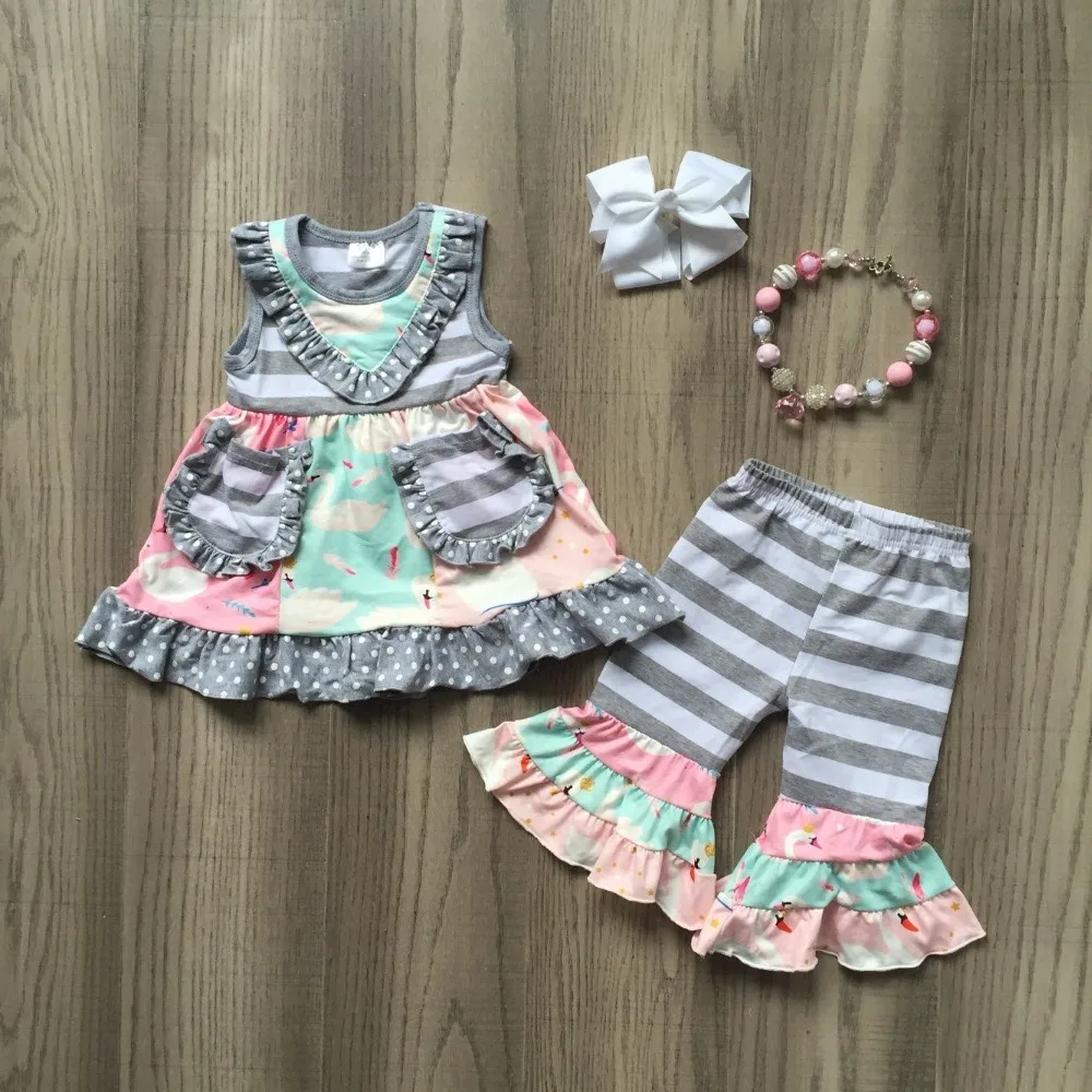 

new Summer girls clothes grey pink coral pocket flower pattern ruffle capris kids boutique outfits sleeveless match accessories