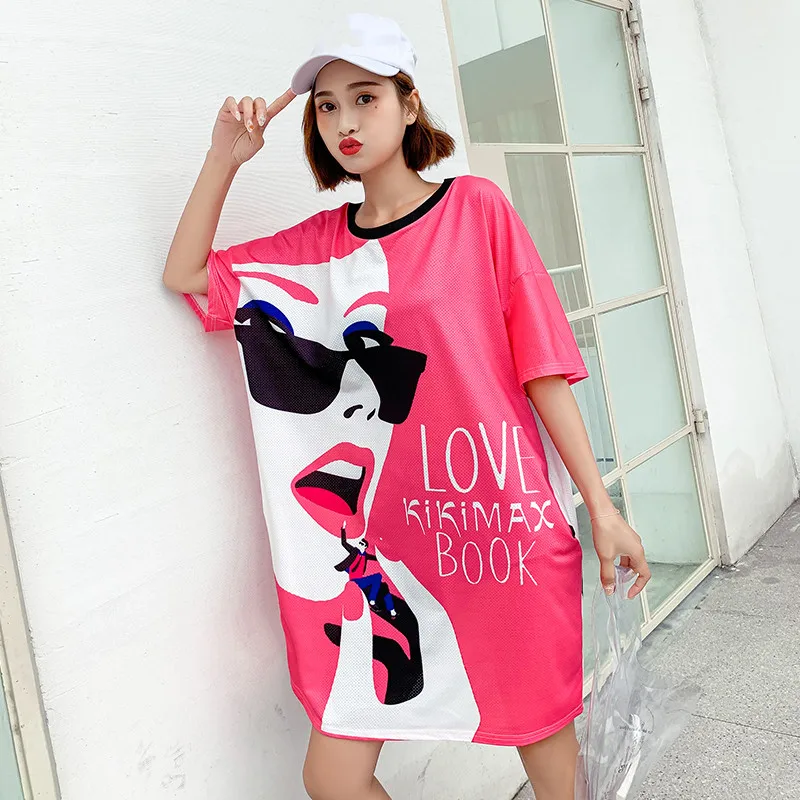 

Mr.nut 2019 summer new style brand personality mesh quick-drying loose large size printing long short-sleeved dress