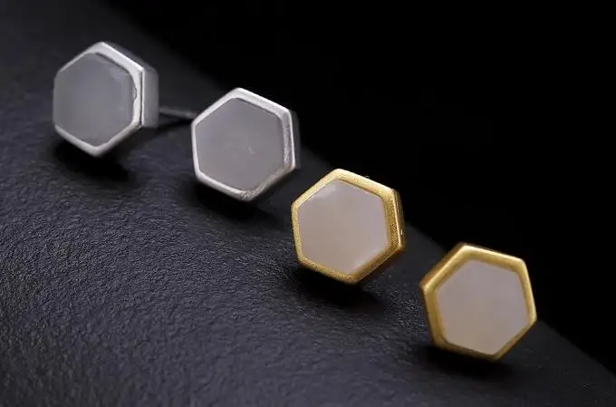 

Sterling S925 925 silver Stud Earrings hexagon Natural stone for woman earring 7.5mm
