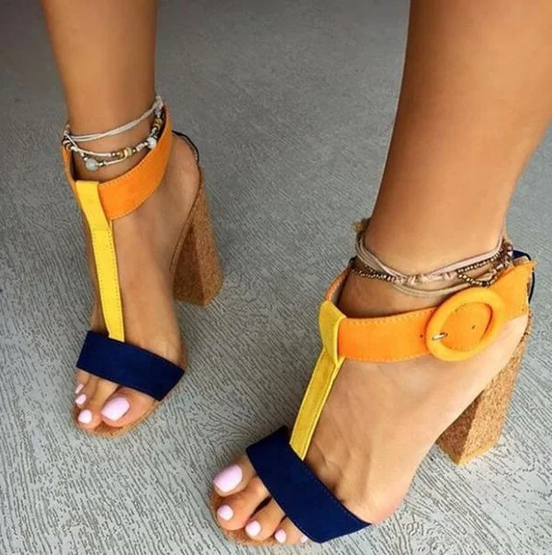 

Top New Summer Fashion Woman Dark Blue Yellow Orange Patchwork Round Buckle Straps Rough Heels Open Toe High Heel Party Sandals