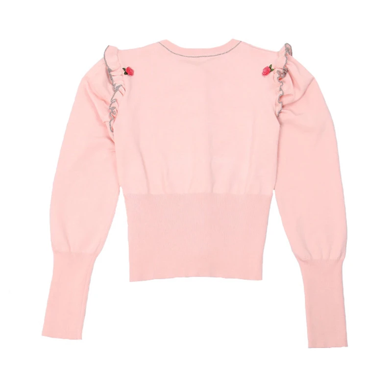Sruilee Conception Cardigan Mignon Piste Pink Outwear Lurex Rose Printemps Haussement Femme En Mince Cardigans Tricot Boutons Douce Ruches Top rrTq4dzw