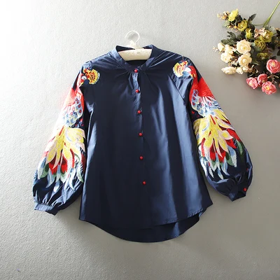 Spring and Summer Cotton Causal Shirts Embroidered Long-sleeved Shirts Woman Full Button Print O-Neck lantern Sleeve Tops - Цвет: blue