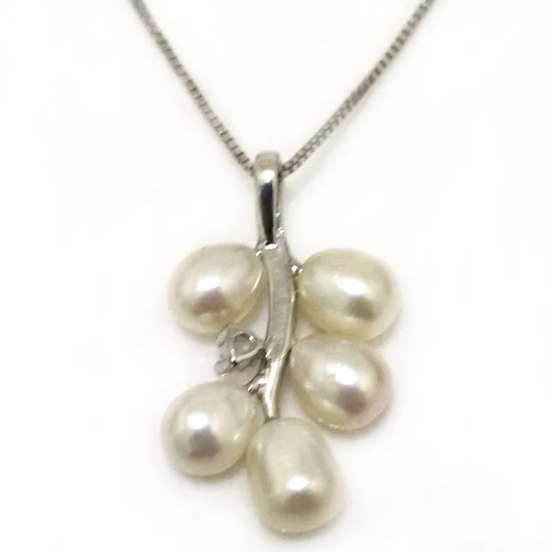

18 inches Grape Style 6-7mm White Rice Pearl 925 Sterling Silver Pendent Necklace with Zirconia