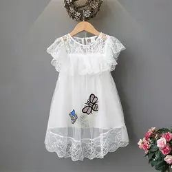DFXD/Детские платья для девочек в английском стиле Стиль белый кружевное платье принцессы без рукавов с блестками Бабочка патч детское
