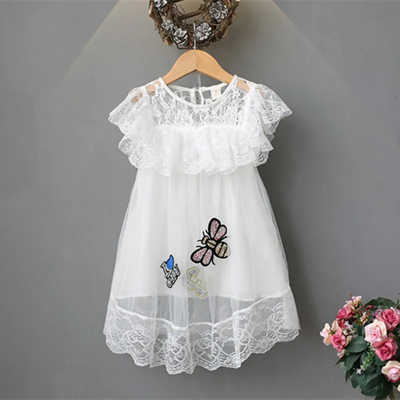 

DFXD Kids Dresses For Girls England Style White Sleeveless Lace Princess Dress Sequins Butterfly Patch Kids Birthday Party Dress