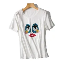 Хлопок полиэстер смесь Женская модная Милая футболка Oneck короткий рукав сплайсированные бриллианты Белый S/XL Розничная Смешанная объемная оборотная