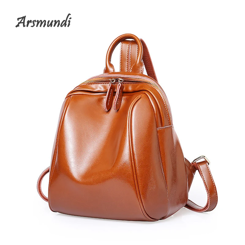 

ARSMUNDI Ladies' Genuine Leather Backpack High Quality Leisure Preppy Style Backpack for Student Oil Leather Travel School Bag