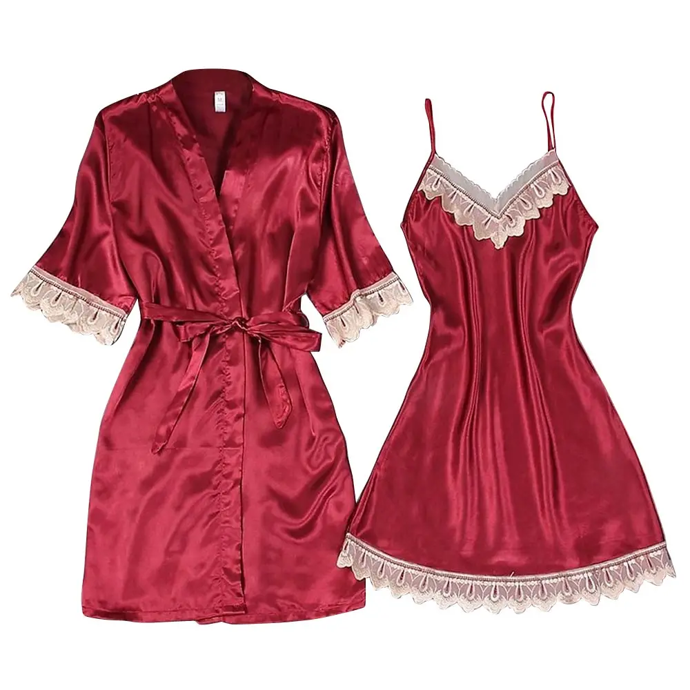 

Sexy Women's Robe + Strap Night Dress Set 2 PCS Sleepwear Womens Sleep Set Imitation Ice Silk Robe Femme Lingerie