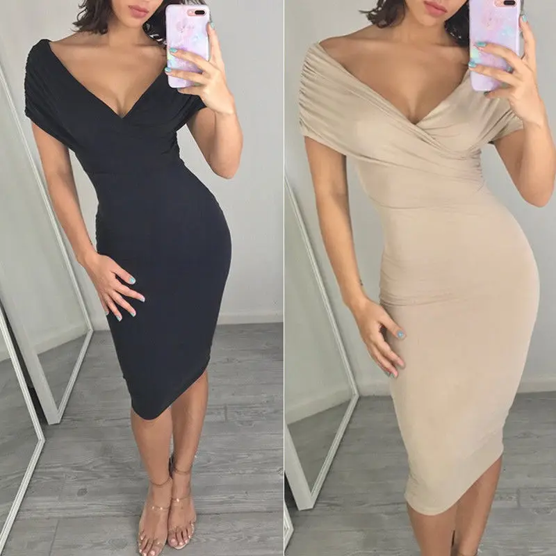 

2018 Fashion Elegant Sexy Vogue Women Ladies Dress Off Shoulder Deep V-Neck High Waist Skinny Solid Pencil Knee-Length Dress