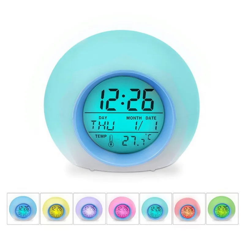 Digital Alarm Clock LED Clorful Light Alarm Clock Electronic Snooze Function Watch Temperature Display Music Clock Desk Timer