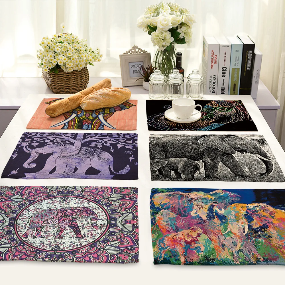 

Elephant pattern placemats for kitchen table cotton linen table mats for dining table heat insulation Western food table mat