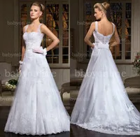 New Sexy Spaghetti Strap A-Line Wedding Dresses Lace Tulle Applique Bow Covered Button Court Train Bridal Gown LT29