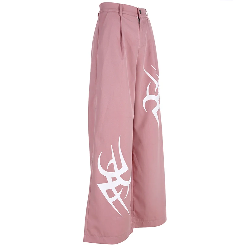 Waatfaak свободные штаны с высокой талией, широкие брюки, Летние повседневные Длинные повседневные свободные брюки, женские розовые мешковатые спортивные штаны с принтом