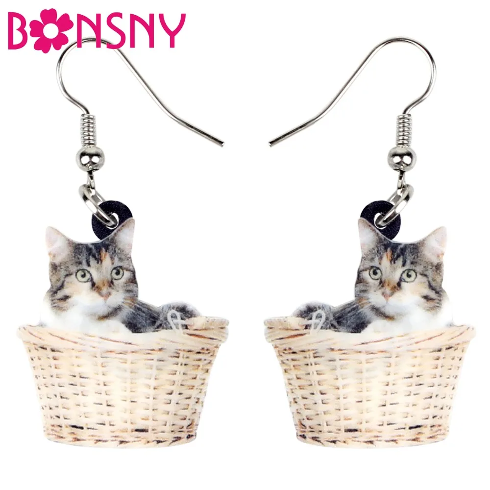 Акриловые Мультяшные серьги Bonsny в виде корзины котенка кота большие длинные