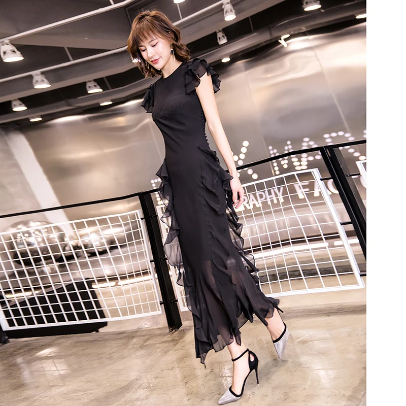 women dress new high-end banquet in noble sexy show thin red long temperament solid ruffles - Цвет: see chart
