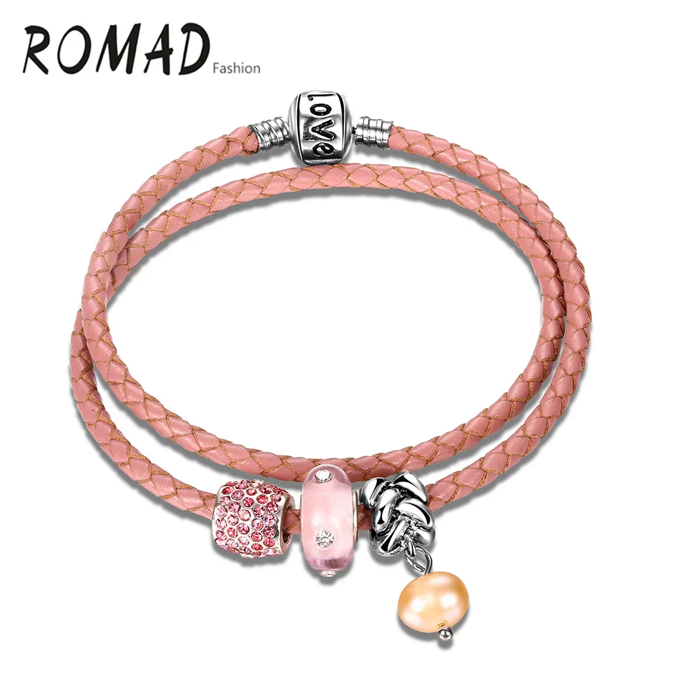 

Romad Silver Plated Princess Pink Crystals Beads Pink Charms Pulseira Feminina PU Leather Bangles Bracelets For Women Jewelry