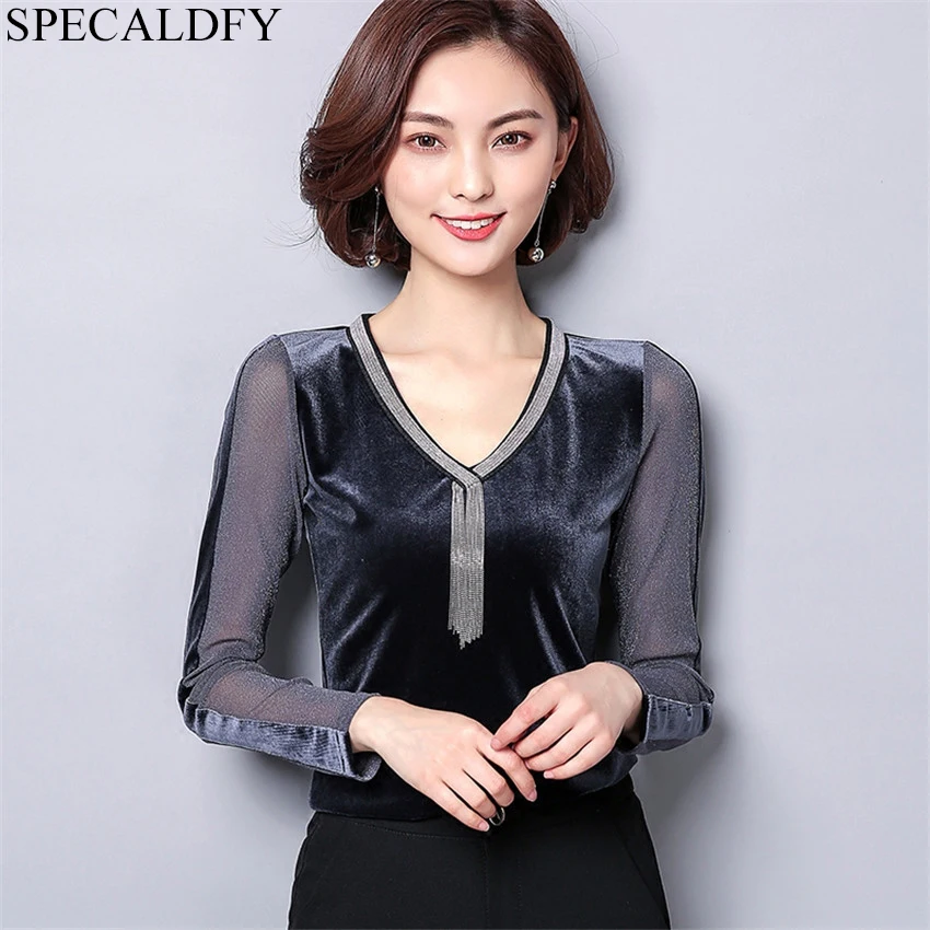 Billige 2019 herbst Winter Samt Bluse Frauen Tops Und Blusen Hohe Qualität Mode Frauen Sexy Sheer Schwarz Mesh Bluse Shirt Blusa