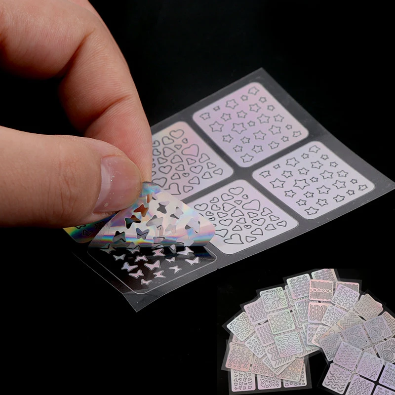 

12 Sheets Shiny Nail Vinyls Laser Hollow Stencil Stickers Nail Transfer Guide Template Heart Star Fish (Random Pattern)
