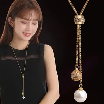 

Elegant Women New Fashion Rhinestone Round Ball All-match Sweater Chain Necklace Pearl Tassel Long Pendant Necklace Accessories