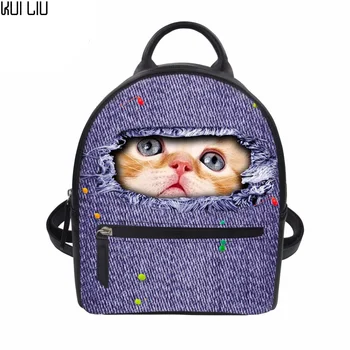 

Customized Denim Cat Backpack Casual PU Leather String Bag Children Boys Girls Cute Backpacks Animal Schoolbag Small Backpack