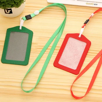 

PU Leather Neck Strap Card Bus ID Holders Candy Colors Identity Badge with Lanyard Credit Card Holders Women Men