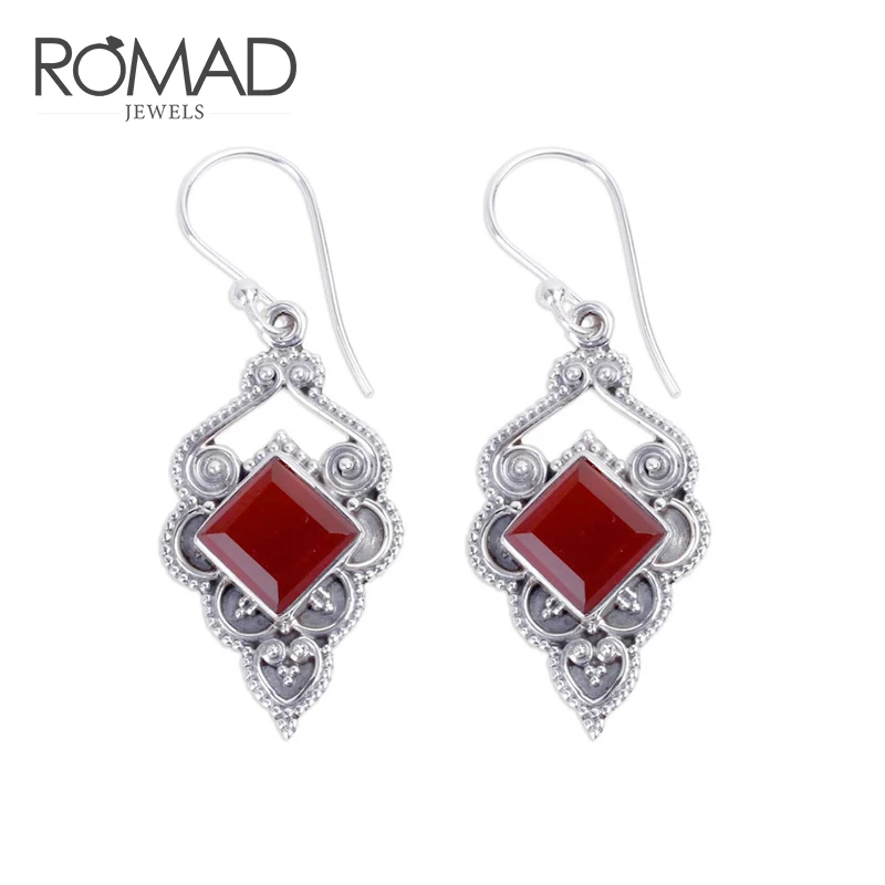 

ROMAD Retro Thai silver Long Drop Dangle Earrings Hollow Ethnic Pattern Red Zircon Earrings For Women Fashion Jewelry Gifts R4
