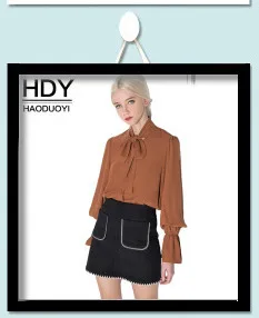 HDY Haoduoyi Solid Black Mesh Semi-Sheer Sexy Women Shirts O-neck Full Sleeve Button Bowknot Belt Lady Tops Casual Female Blouse