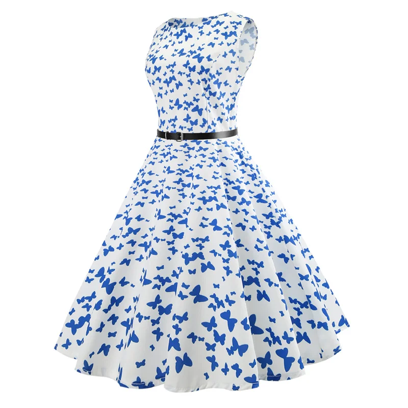 Kostlich O-Neck Butterfly Panda Print Dresses Summer Hepburn Vintage Dress Women Big Swing Dress Plus Size S-2XL With Sashes (3)