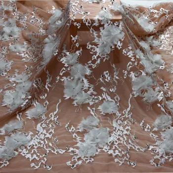 

Off white handmade 3D chiffon flowers with rhinestone on netting embroidery wedding dress lace fabric by yard