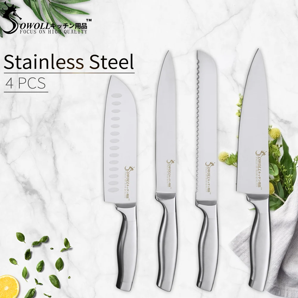 

New SOWOLL Chef Slicing Bread Santoku Kitchen Knife 7Cr17mov Stainless Steel Knives Set High Hardness Durable Handle Cutter Tool