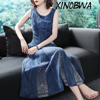 

New Woman Summer High Street Fashion O Neck Sleeveless Vintage Embroidery Jeans Dress Female Casual 100%Cotton Denim Long Dress
