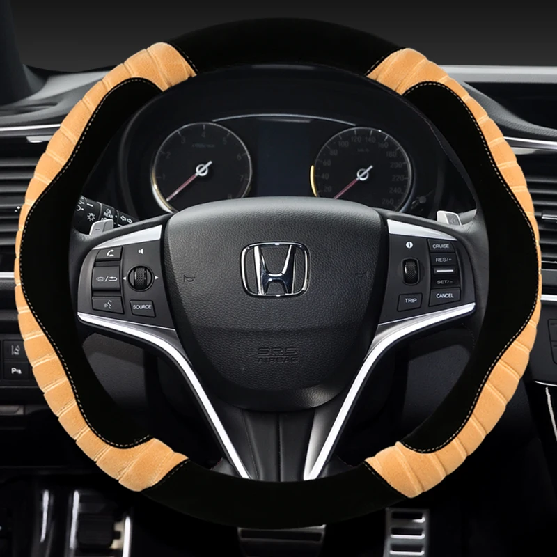 

KKYSYELVA 3D non-slip new plush steering wheel cover winter Two-color stitching soft hair car cover 6 colors optional