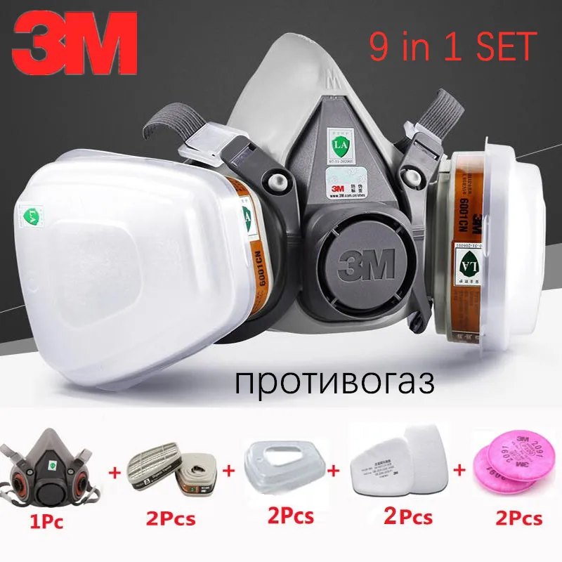 

9 In 1 3M 6200 Organic Vapor Gas Mask Assembly 6001 Protective Particulate Filters Safety Work Paint Spray Pesticide Respirator