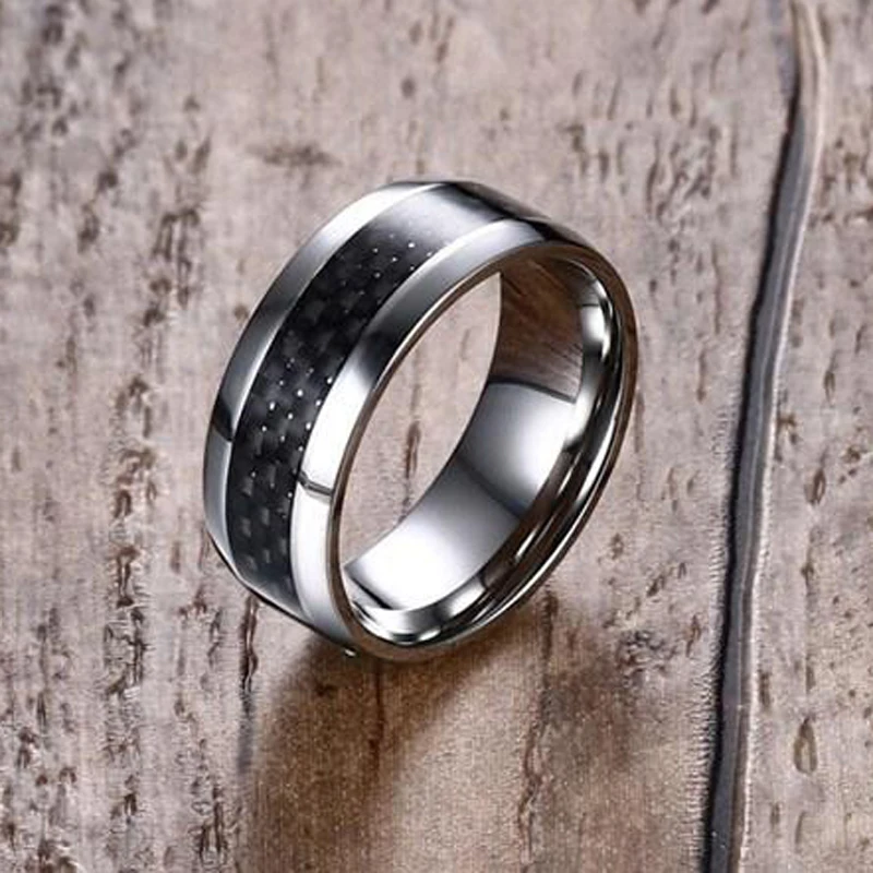 Men's Rings Stainless Steel Inlay Black Carbon Fiber Rings for Women Men Fashion Wedding Band Jewelry anel masculino