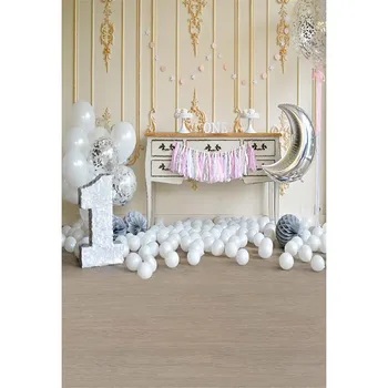 

Baby Photo Background 1st Birthday Printed White and Silver Crescent-shaped Balloons Kids Party Themed Photography Backdrops