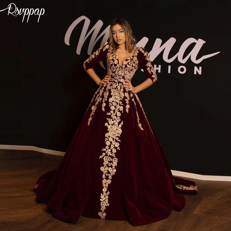 

Long Evening Dress 2019 Elegant V-neck 3/4 Long Sleeves Golden Lace Arabic Burgundy Velvet Formal Women Evening Gowns