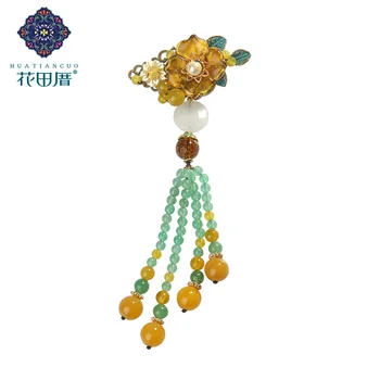 

Ethnic Handmake Lampwork Flower Tassel Brooches for Women Shell Flower Pearl Yellow Agat e Jad e Tassel Brooch for Women XZ18118