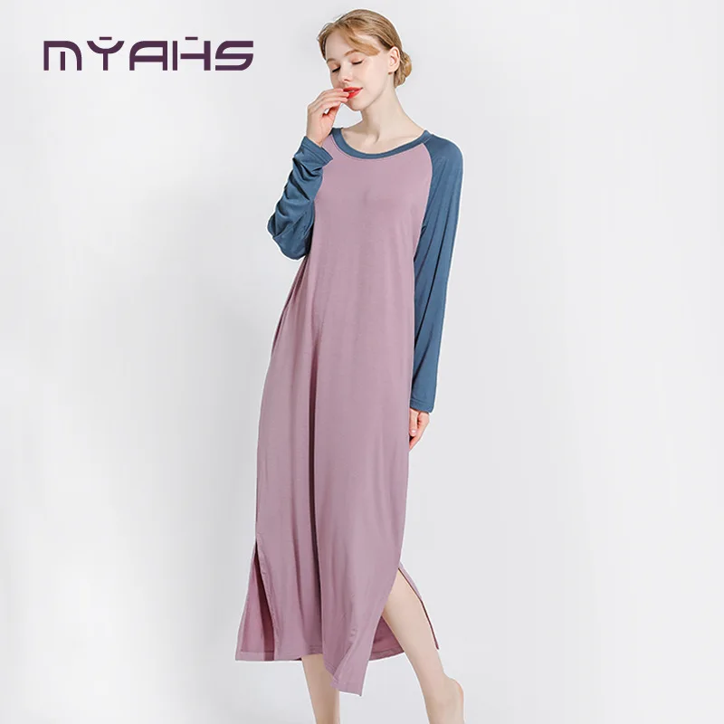 

Summer new modal mosaic dress long sleeve loose thin large size pajamas home service dress