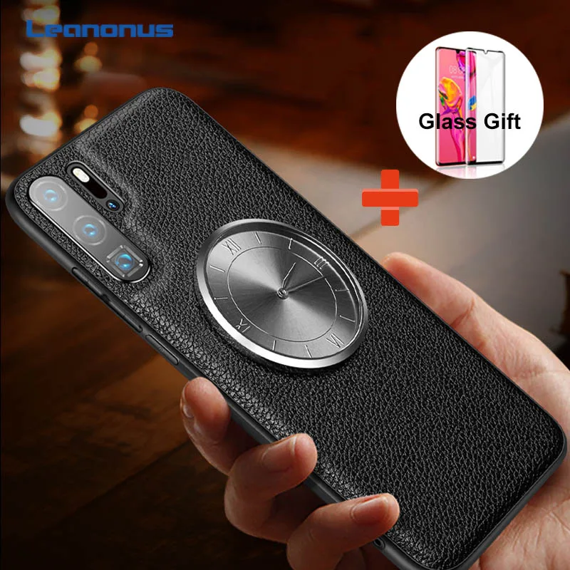 

Luxury Genuine Leather Case for Huawei P20 Pro P30 Pro Cover Shockproof Tempered Glass Clock Phone Case for Huawei Mate 20 Pro