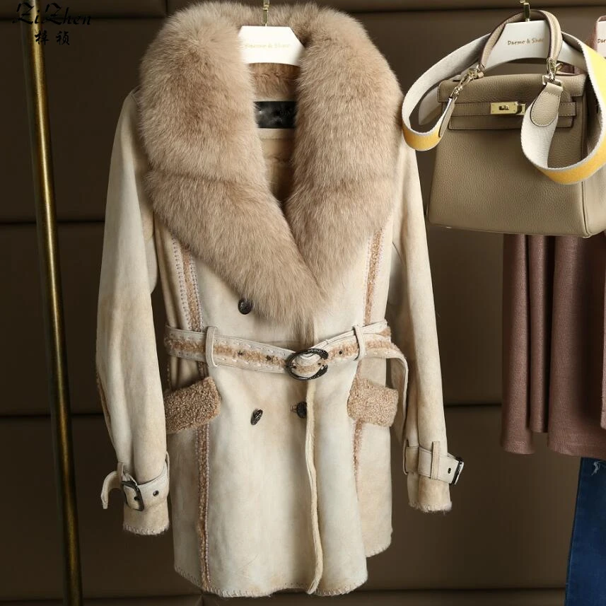 Winter Women's Double-faced Fur Real Lamb Fur Kid Suede Coats Natural Fox Fur Collar Long Jacket The Coat Promotion 180629-1