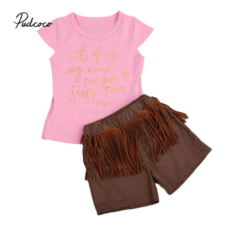 Pudcoco/Одежда для маленьких девочек футболка с буквенным принтом топы + шорты с кисточками, комплект одежды для маленьких девочек, Модный