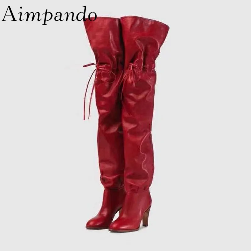 

New Arrival Over The Knee Boots Lace Up Quality Leather Round Toe Catwalk Thigh High Boots Women Motorcycle Boots