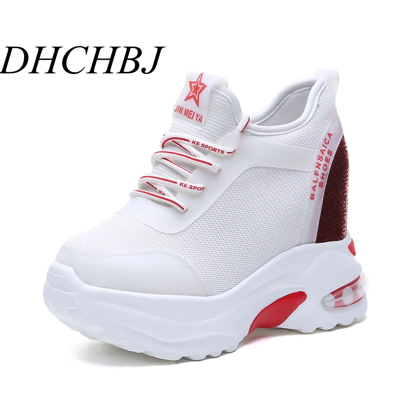 

New 2019 Spring Platform Sneakers 9.5CM High Heel Women Bling Shoes Mesh Wedge Sneakers Summer Breathable Casual Shoes Woman