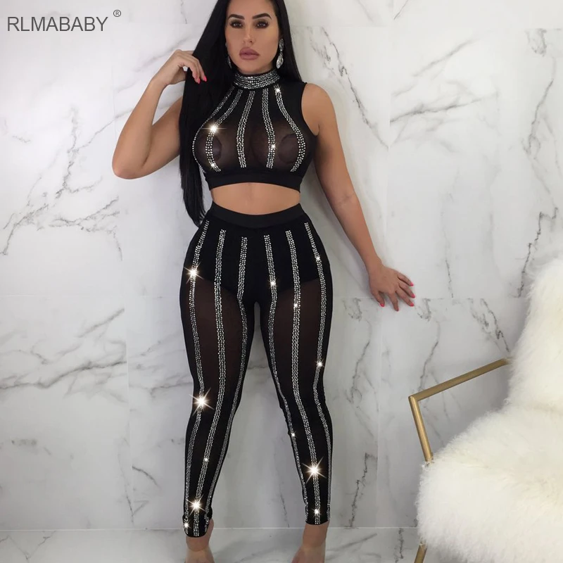 

RLMABABY Sexy Diamond 2 Piece Set Mesh Jumpsuit Slim Sleeveless Perspective Bodycon Rompers Womens Jumpsuit Night Club Overalls