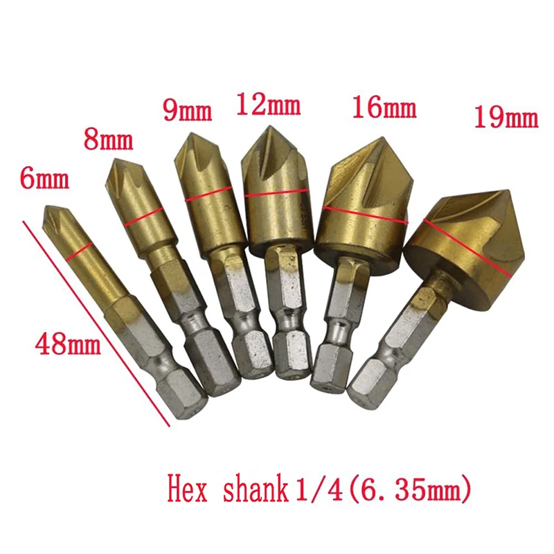 5 Флейта 1/" шестигранный хвостовик HSS древесины фаски Резак фаски 12/16/19 мм зенковки сверло 6 мм-19 мм фаски шесть шт ручные инструменты